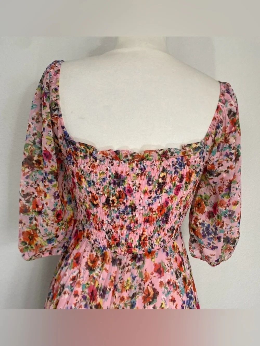 BCBGeneration Women Pink Floral Smock Midi Dress Size 4 Cottagecore Coastal Boho